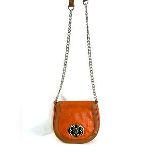 Emma Fox Orange Leather Mini Shoulder Bag Chain Strap Brown Brass Turn Lock